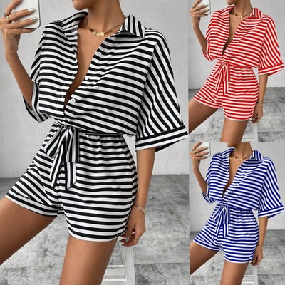 Women's striped five quarter sleeved shorts jumpsuit女连体裤