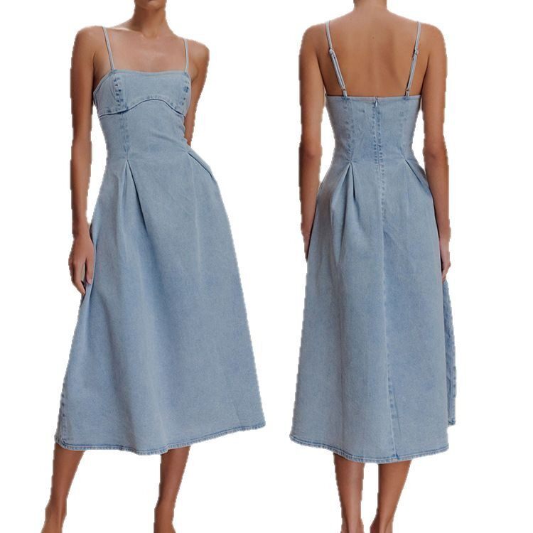 Ladies jeans dress 2025欧美性感 抹胸纯色无袖牛仔吊带连衣裙