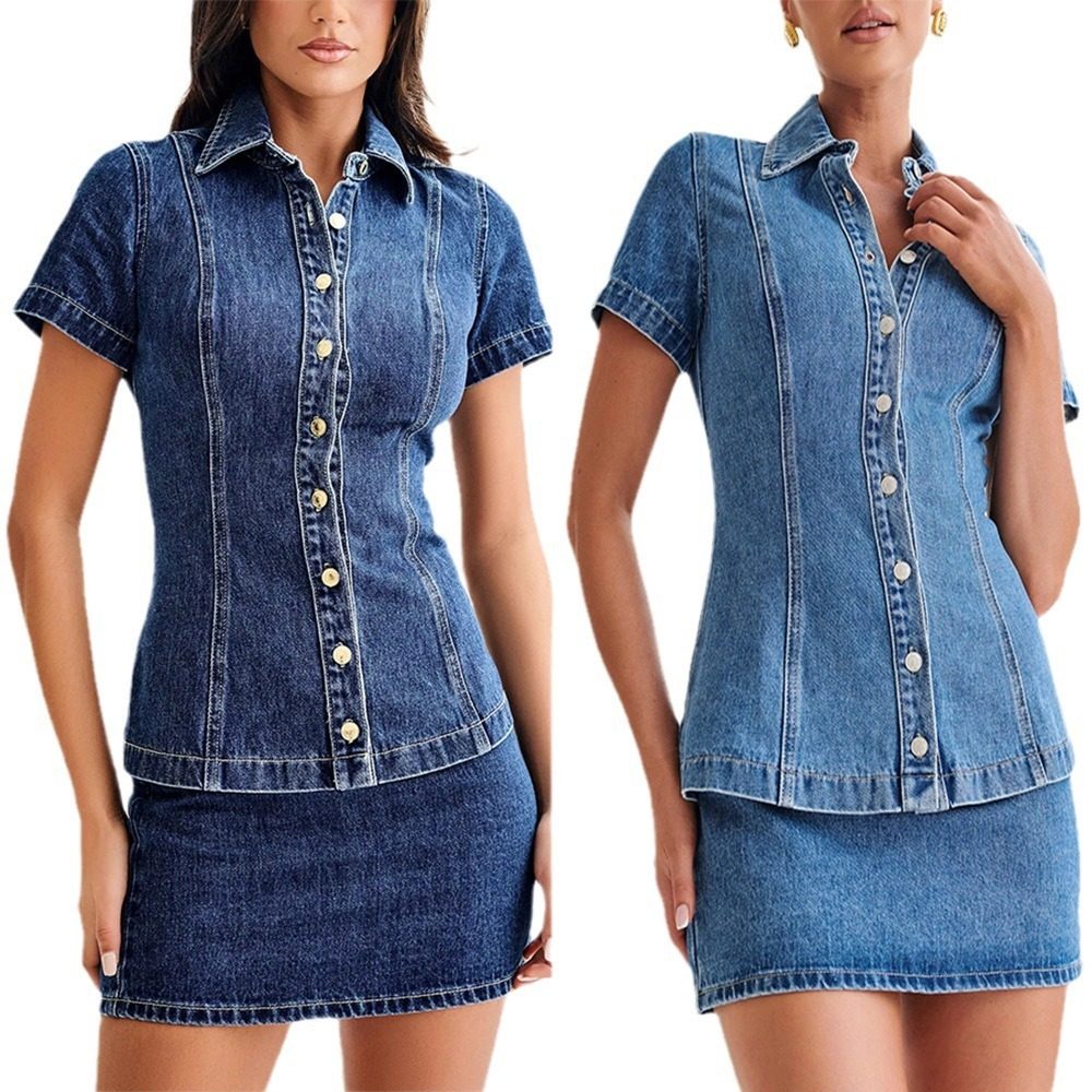 2024欧美牛仔短袖纽扣高腰短裙套装 women jeans skirt+coat set