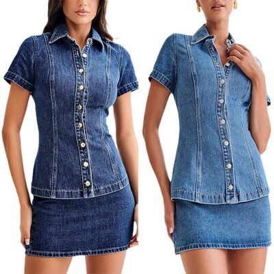 2024欧美牛仔短袖纽扣高腰短裙套装 women jeans skirt+coat set