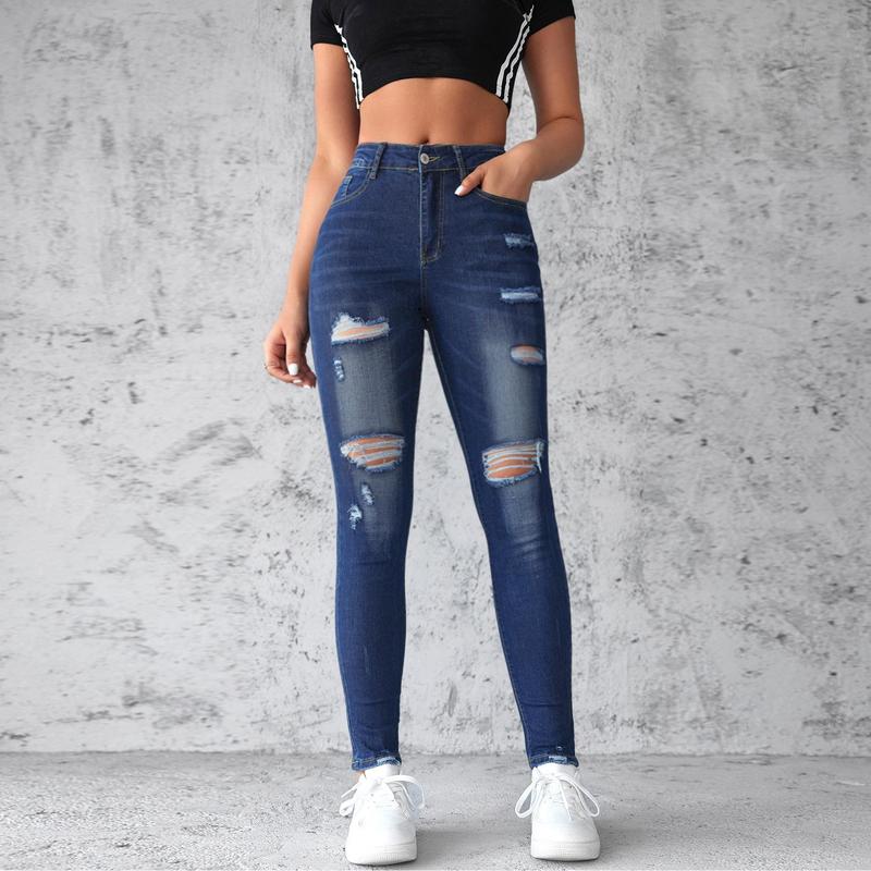 2024欧美弹力破洞紧身提臀高腰水洗牛仔裤女 women stretch jeans