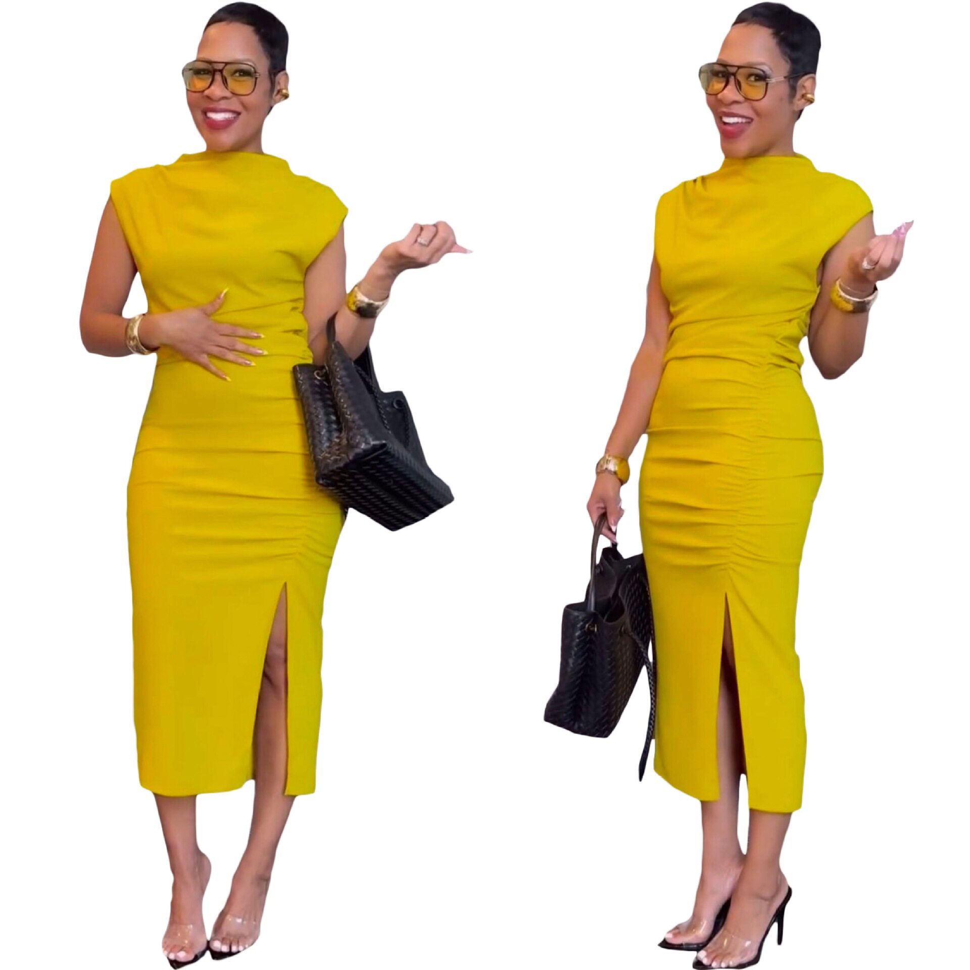 Women's slim fit hip hugging slit dress女修身包臀开衩连衣裙