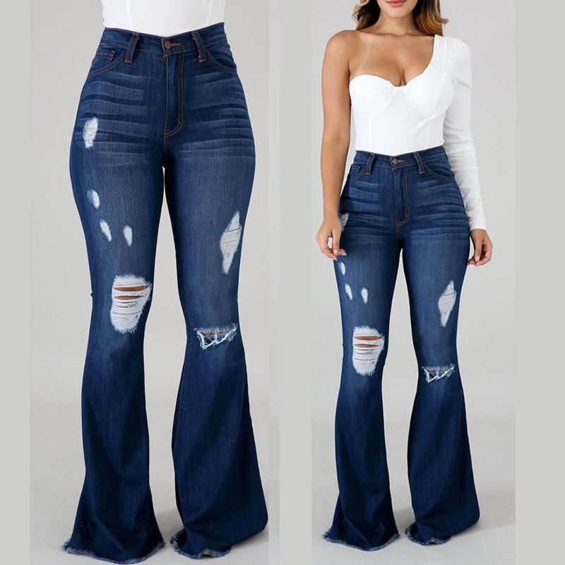 women jeans long pants欧美网红高弹破洞牛仔裤高腰喇叭长裤2023