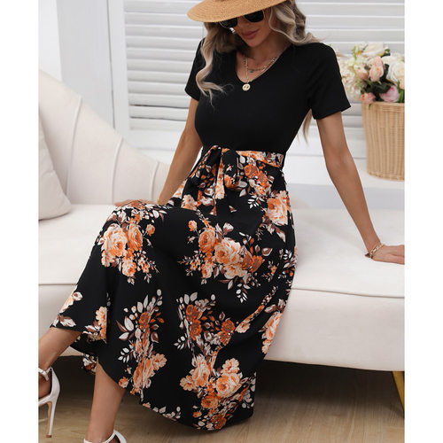 Women's summer printed V-neck sexy mid length dress女连衣裙