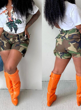 Women's camouflage patchwork workwear shorts女迷彩工装短裤