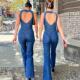 露背高腰微喇牛仔连体裤 women jeans 欧美显瘦无袖 jumpsuit pants