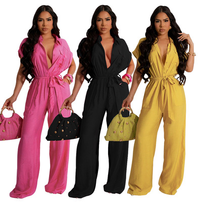 Women's shirt linen jumpsuit跨境女欧美衬衫领性感亚麻连体裤