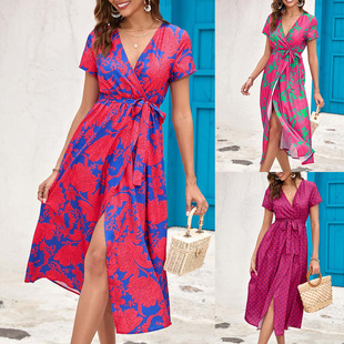 Women dress with printed slit V-neck mid length skirt连衣裙