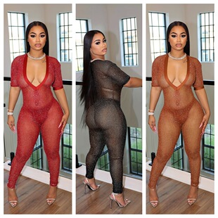 sexy transparent Women jumpsuit女性感连衣裤 fashion neck