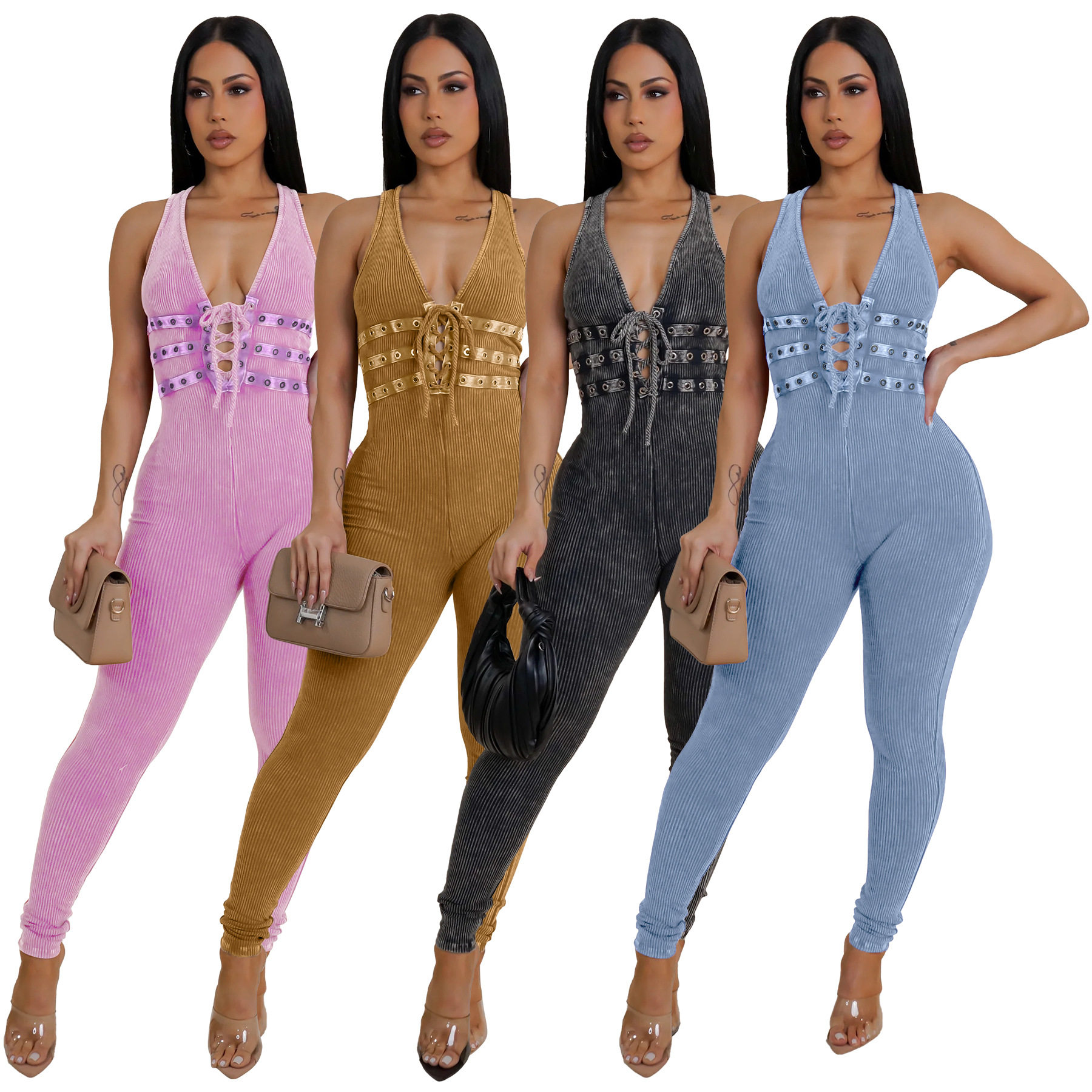 Women tight fitting sleeveless threaded jumpsuit无袖连体裤