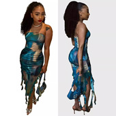 ruffle printed Women chest wrapped edge dress女裹胸连衣裙