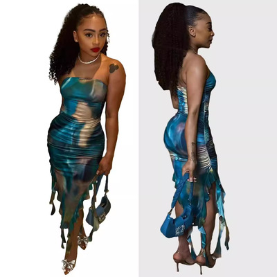 Women's printed chest wrapped ruffle edge dress女裹胸连衣裙