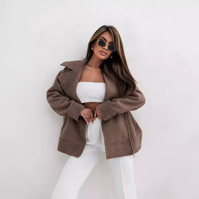 Women's winter collar woolen brushed zipper jacket女毛呢外套