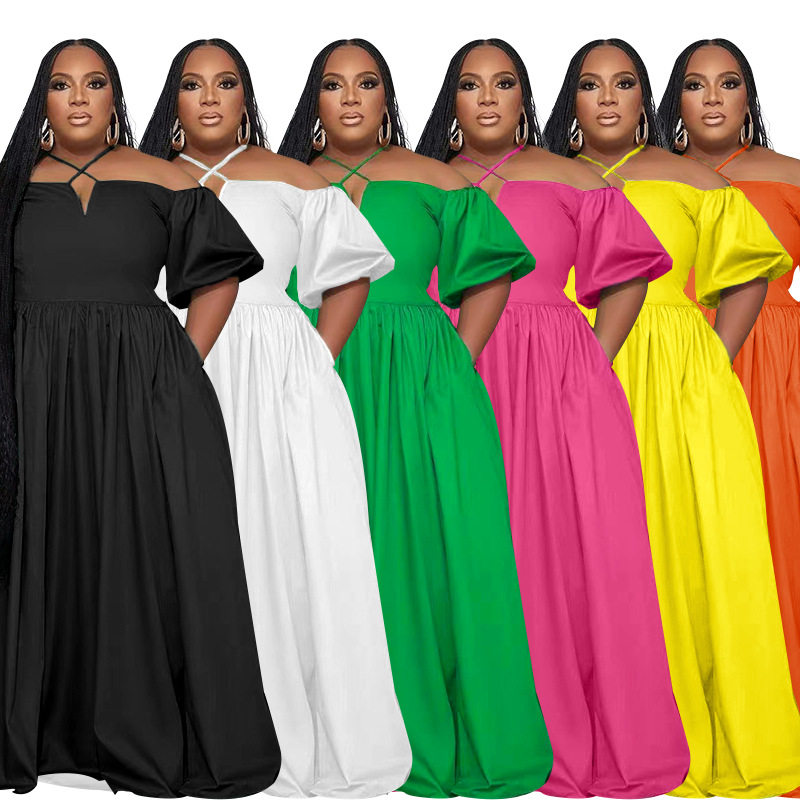 Fat women big size dress 欧美性感露肩挂脖大码宽松短袖连衣裙