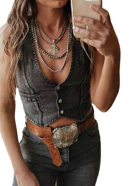 women sexy jeans vest 欧美个性辣妹无袖单排扣v领上衣牛仔背心