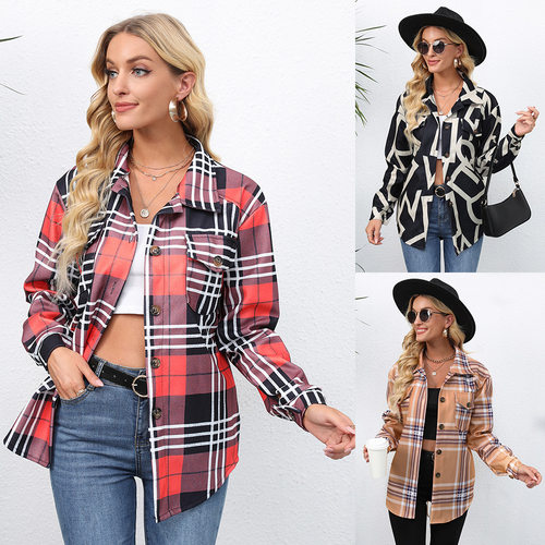 Women checkered shirt, mid length long sleeved jacket女衬衫