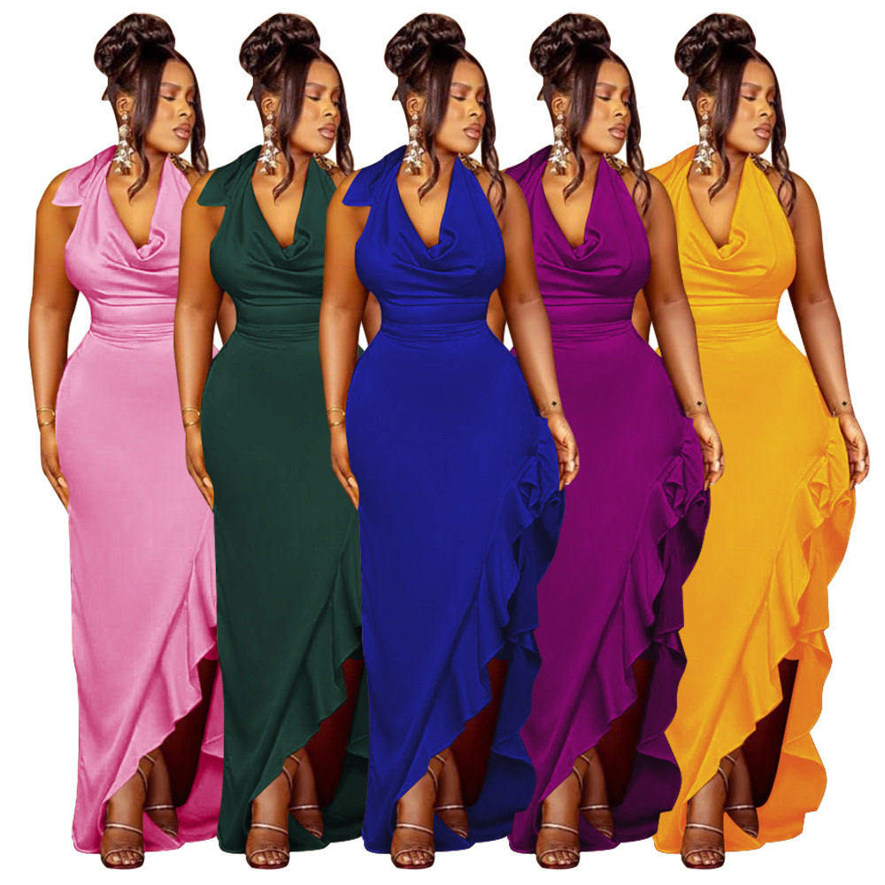 women party sexy dress 2023欧美挂脖礼服性感露背荷叶边连衣裙