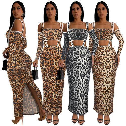 欧美性感修身豹纹两件套长袖长裙women Leopard sexy dress 2024
