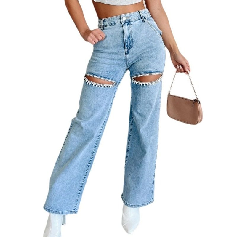 欧美2024休闲破洞直筒女士牛仔裤 women jeans pants trousers