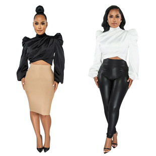 High Sleeve Neck Simulated Top女仿真丝上衣 Women Silk Bubble