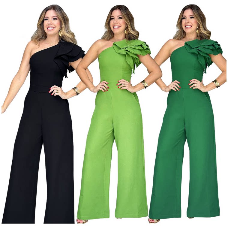 2024欧美时尚女斜肩荷叶边高腰连体裤women jumpsuit long pants