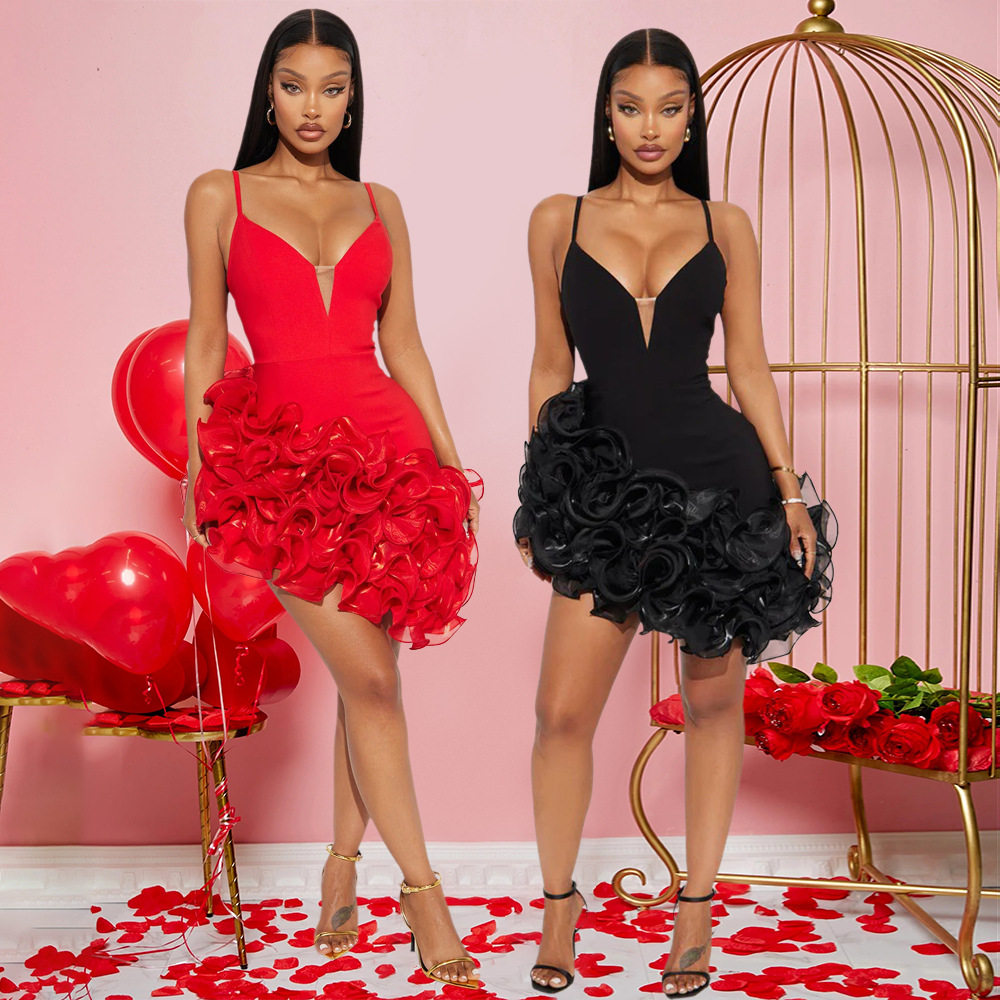 Women sexy camisole ruffle edge dress女性感吊带荷叶边连衣裙