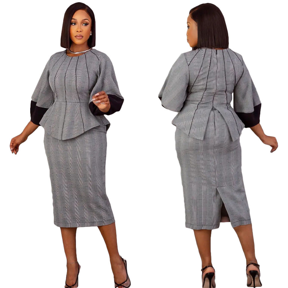 Ladies slim dress set women 欧美长袖印花拼接袖笼长裙两件套