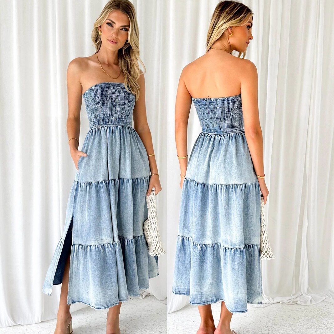 2024欧美气质优雅拼接侧开叉抹胸蛋糕牛仔长裙 women jeans dress