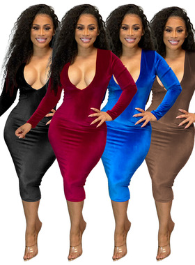 Women's V-neck long sleeved velvet dress性感长袖绒布连衣裙女