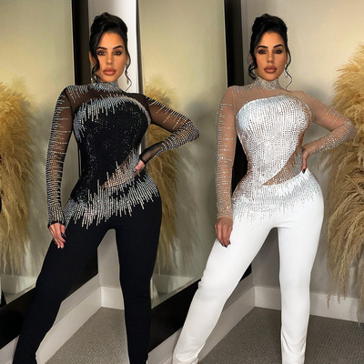 Women's mesh hot pressed diamond long sleeved pants jumpsuit