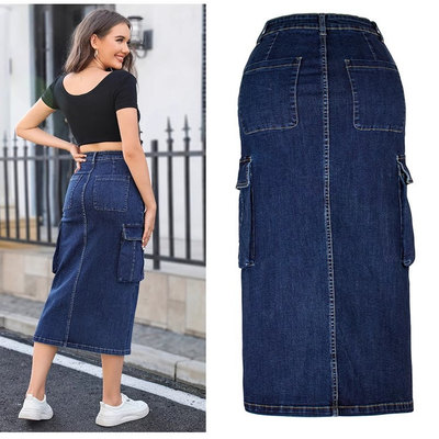 2025外贸工装风多口袋高腰开叉包臀半身裙长款 women jeans skirt