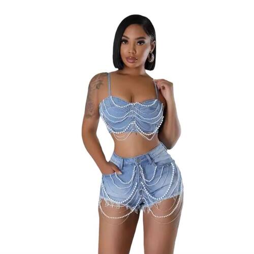 women jeans short+vest 欧美ins珍珠钻链牛仔吊带背心短裤套装