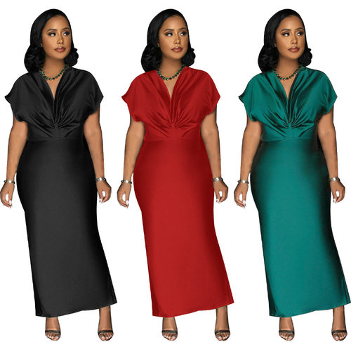 Women V-neck short sleeved slit dress女V领短袖修身开叉连衣裙