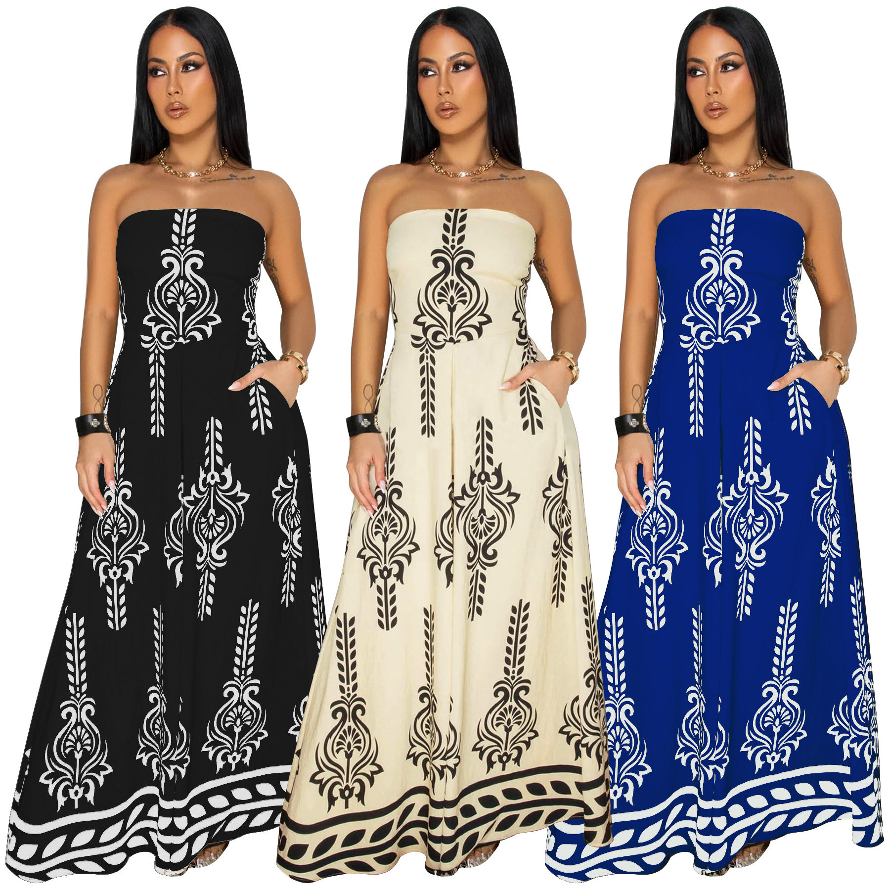 Women printed chest hugging jumpsuit女印花收腰裙裤裹胸连体裤