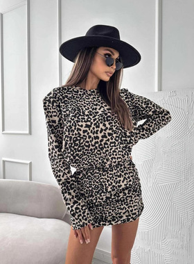 Women's long sleeved hip hugging skirt leopard print dress