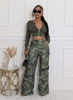 Women's camouflage high waisted straight leg work pants女裤