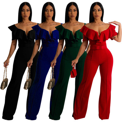 Women's V-neck ruffled sexy waist cinching jumpsuit女连体裤