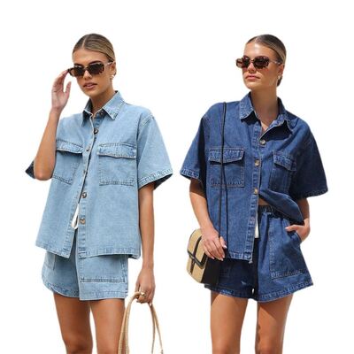 women jeans shirt+short 2025欧美宽松口袋短袖衬衣牛仔两件套装