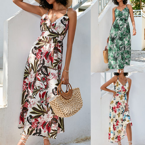 Women printed waist cinched mid length camisole dress连衣裙