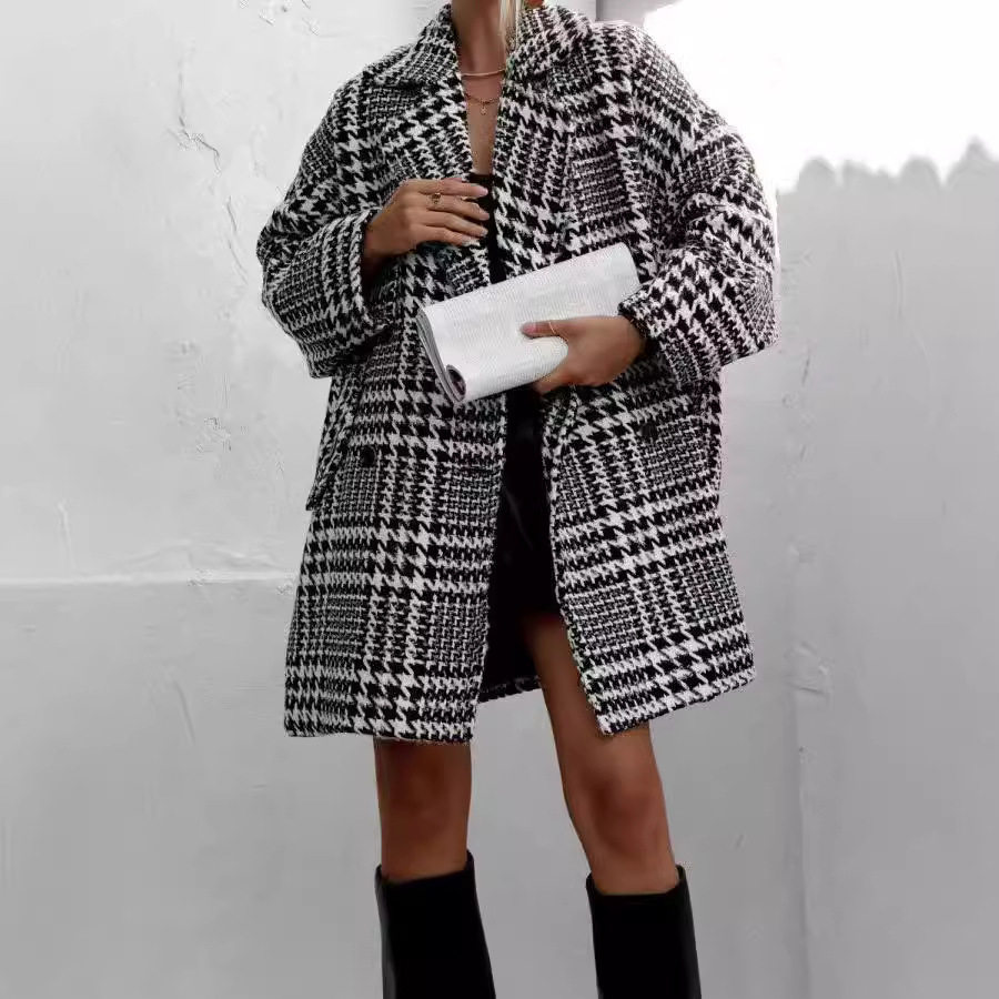Women's winter thick loose plaid woolen houndstooth jacket