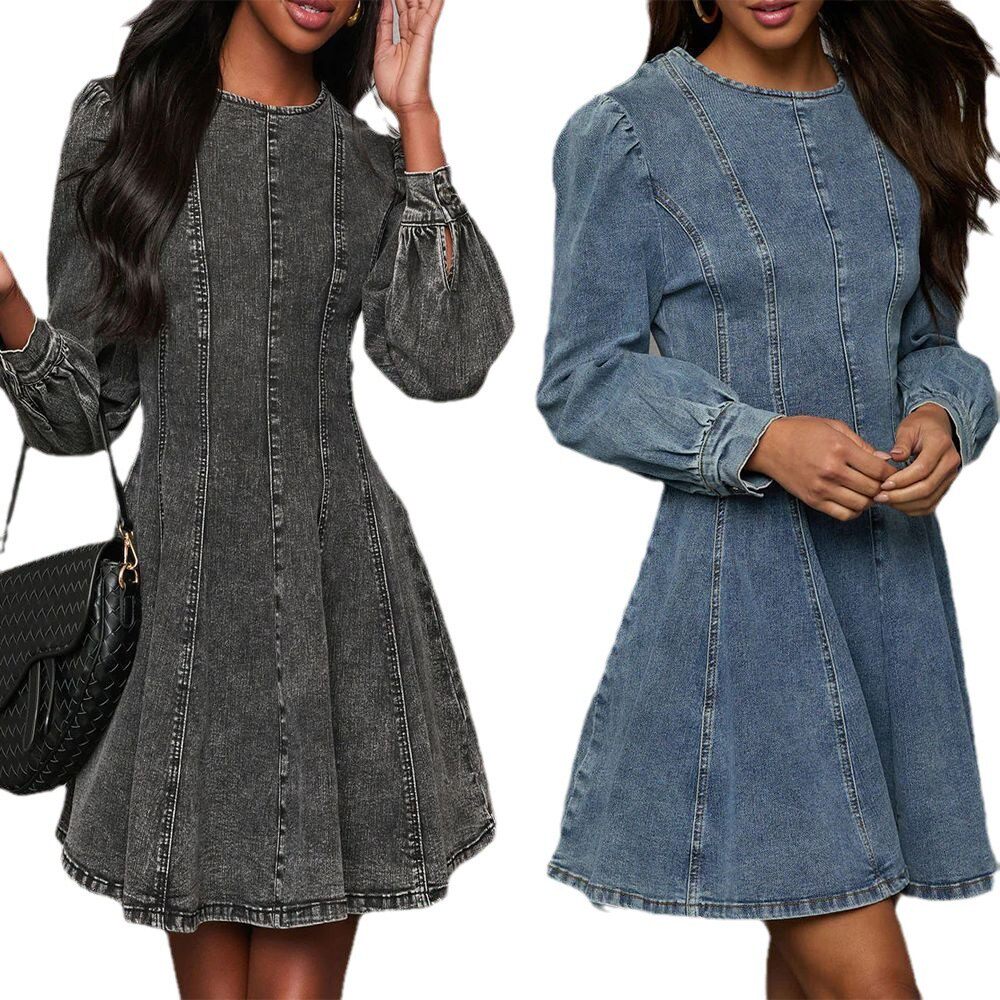 欧美时尚休闲拼接收腰女士牛仔长袖连衣裙women jeans dress 2024