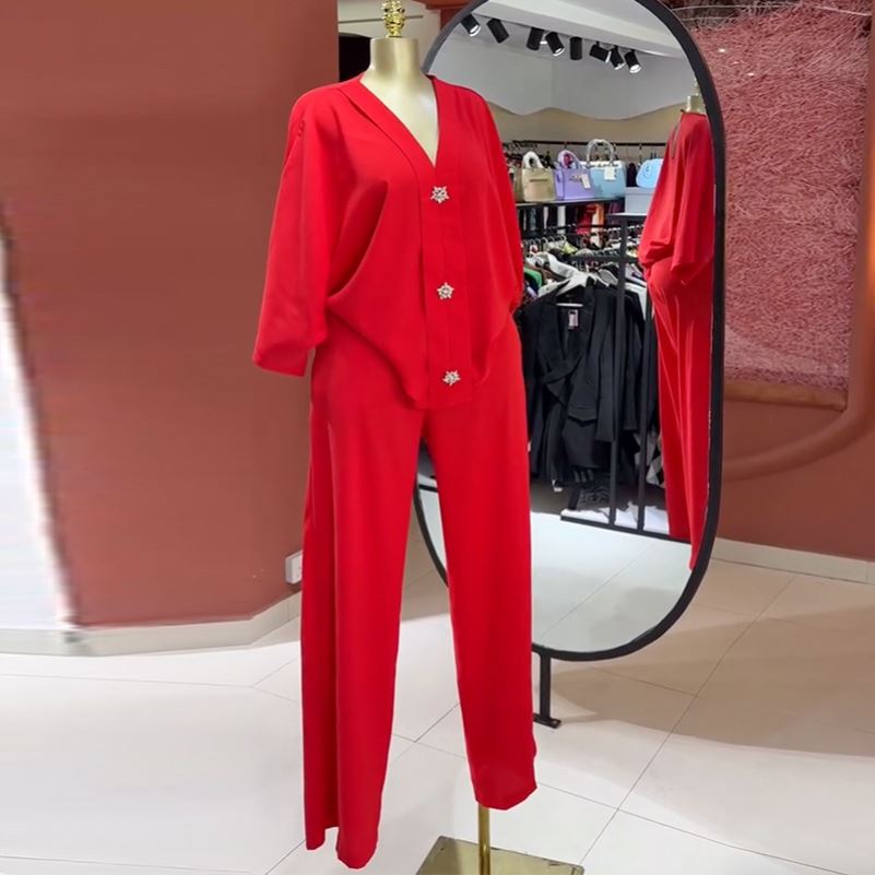 欧美2025七分袖V领衬衫高腰直筒裤两件套 women shirt+pants set