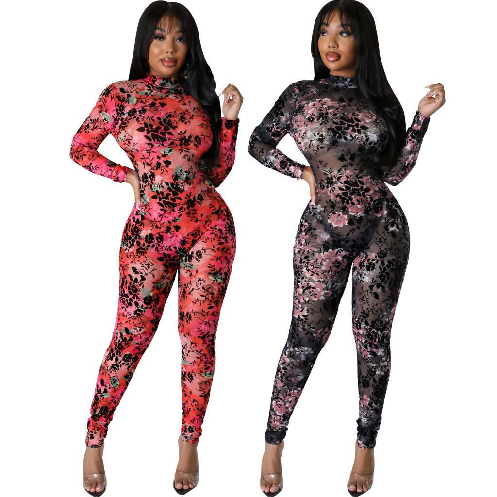 women fashion jumpsuit pants 欧美性感时尚网纱印花长袖连体裤