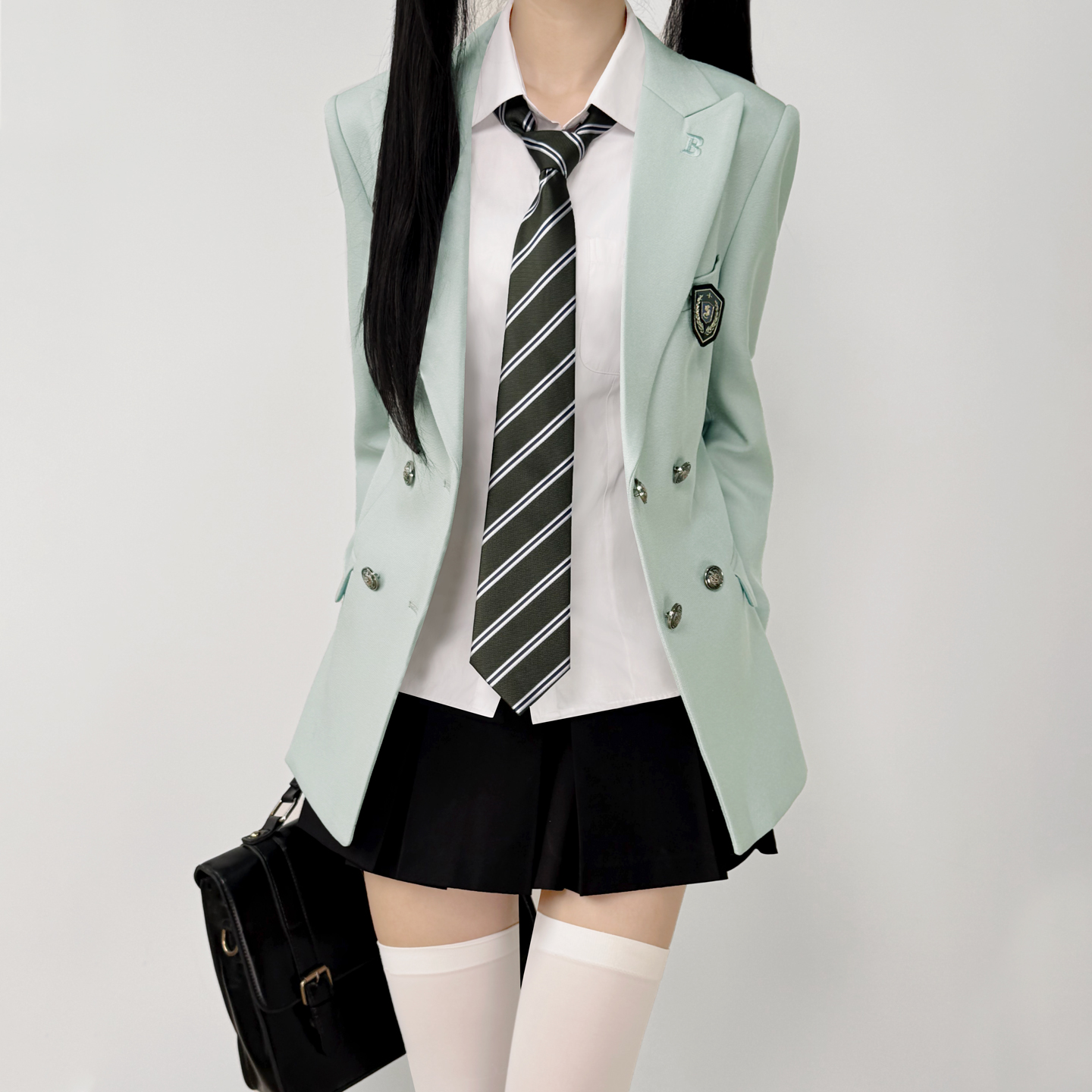 木村叔jk制服浅薄荷绿西装外套女春秋季学院风六粒双排扣西服套装