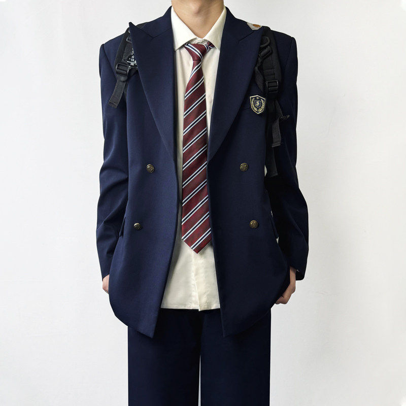 木村叔dk日系绀色双排扣西服男士学院风高中学生制服套装西装外套