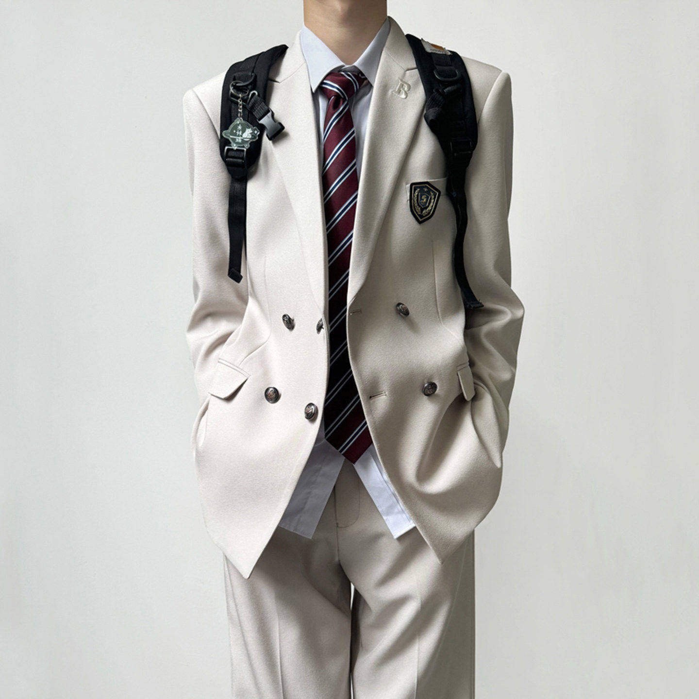 木村叔dk日系校供感米白色西装制服男春秋季青少年双排扣西服套装