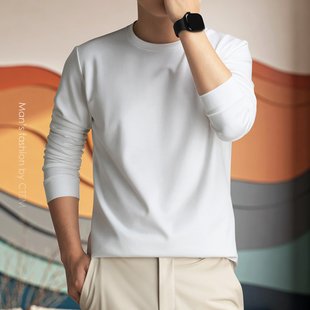 男士 上衣春秋款 长袖 男装 商务休闲体恤 T恤圆领纯色打底衫 2025新款