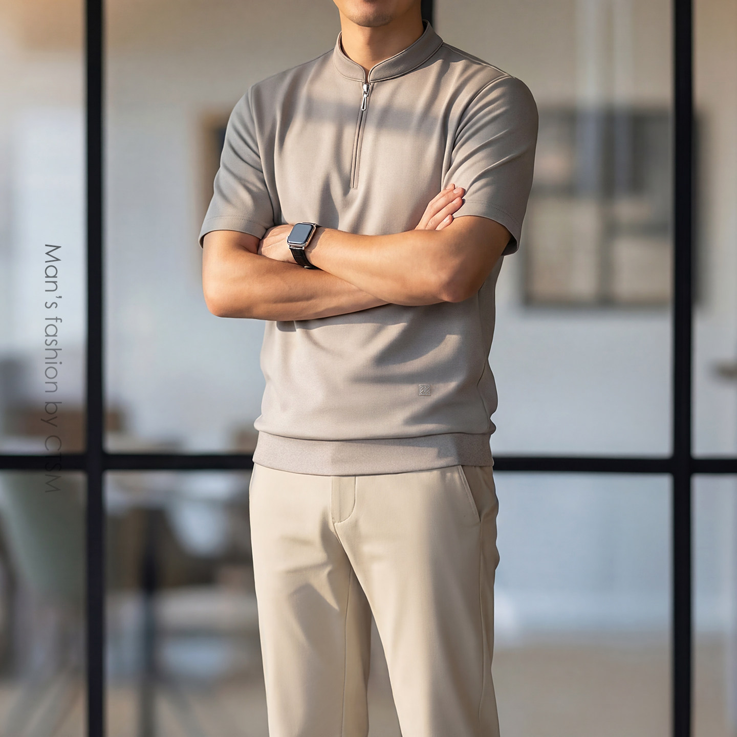 夏季男士立领半拉链短袖T恤重磅棉商务休闲轻薄透气上衣宽松体恤