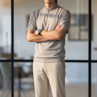 T恤重磅棉商务休闲轻薄透气上衣宽松体恤 立领半拉链短袖 夏季 男士