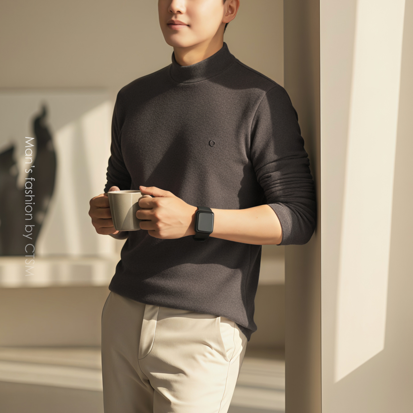 秋冬季简约休闲风男士半高领长袖T恤保暖德绒打底衫2025男装新款